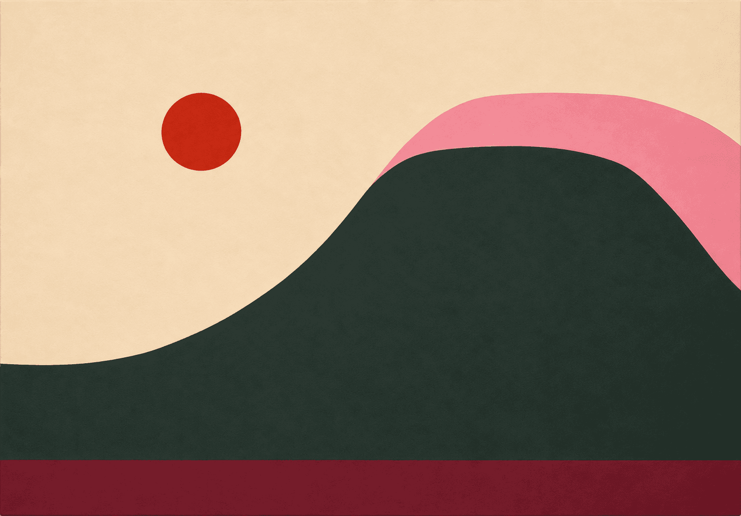 Abstract painting with a red sun, dark green rolling form, pink horizon, and burgundy base