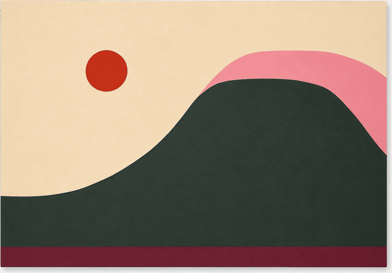Abstract artwork with a red sun, dark green rolling form, pink horizon, and burgundy base
