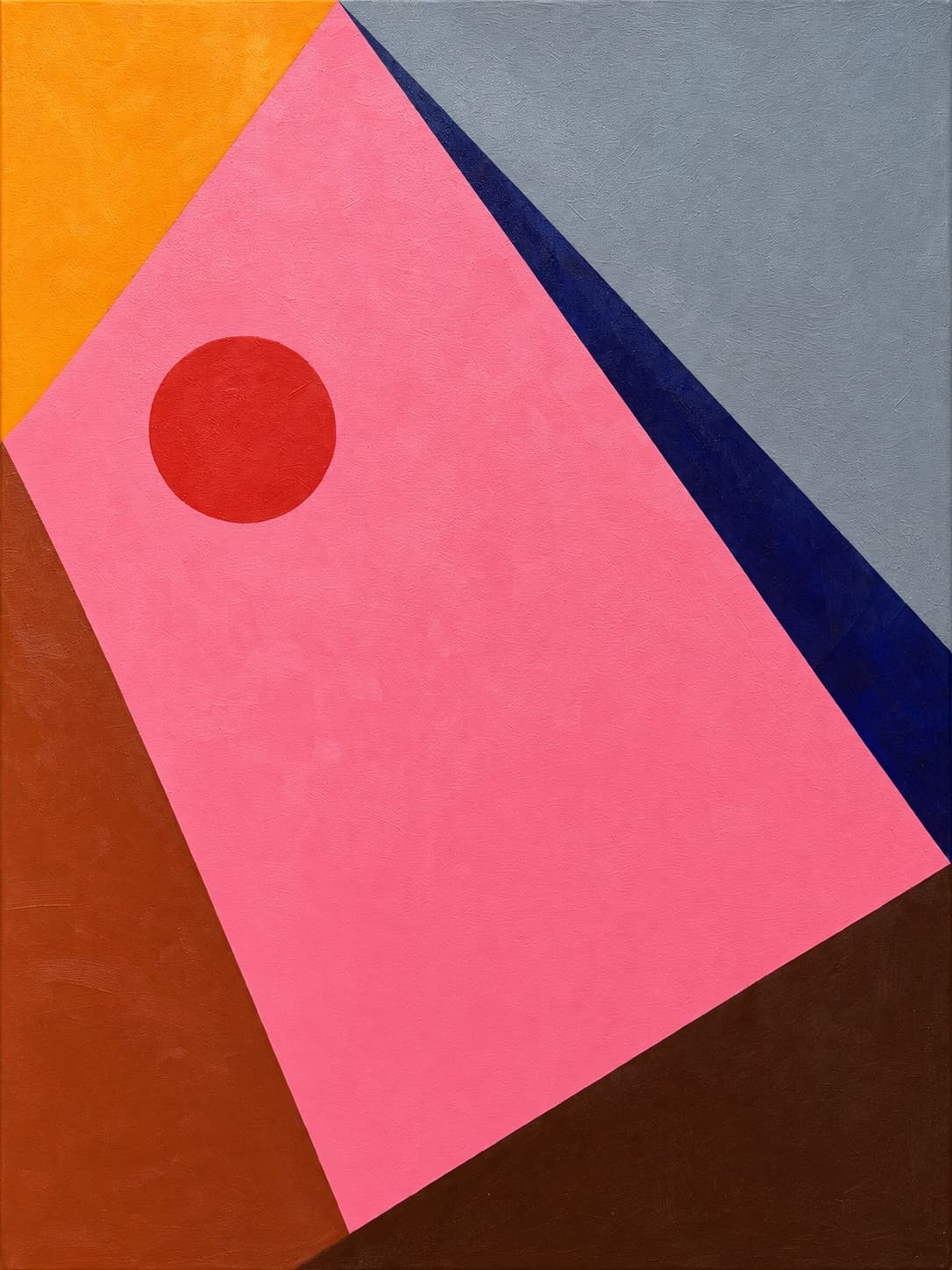 Geometric abstract painting with a red circle on a tilted pink form, surrounded by orange, gray, navy, and brown fields