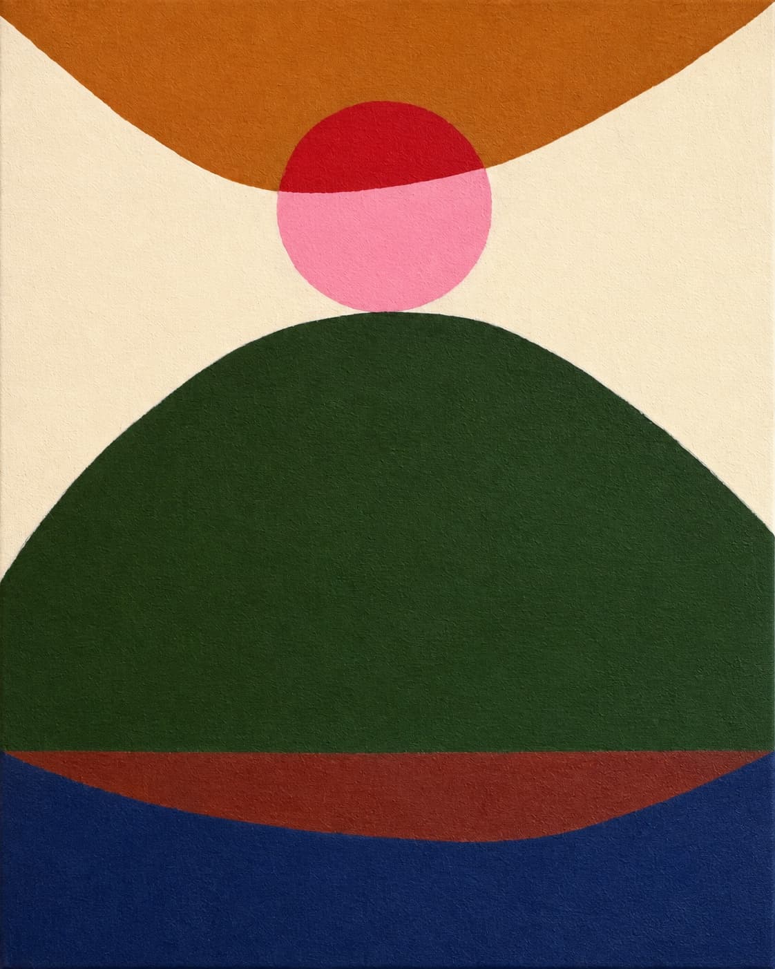 Abstract painting with a red and pink circle above a dark green dome, an ochre upper curve, cream background, and rust and navy bands below